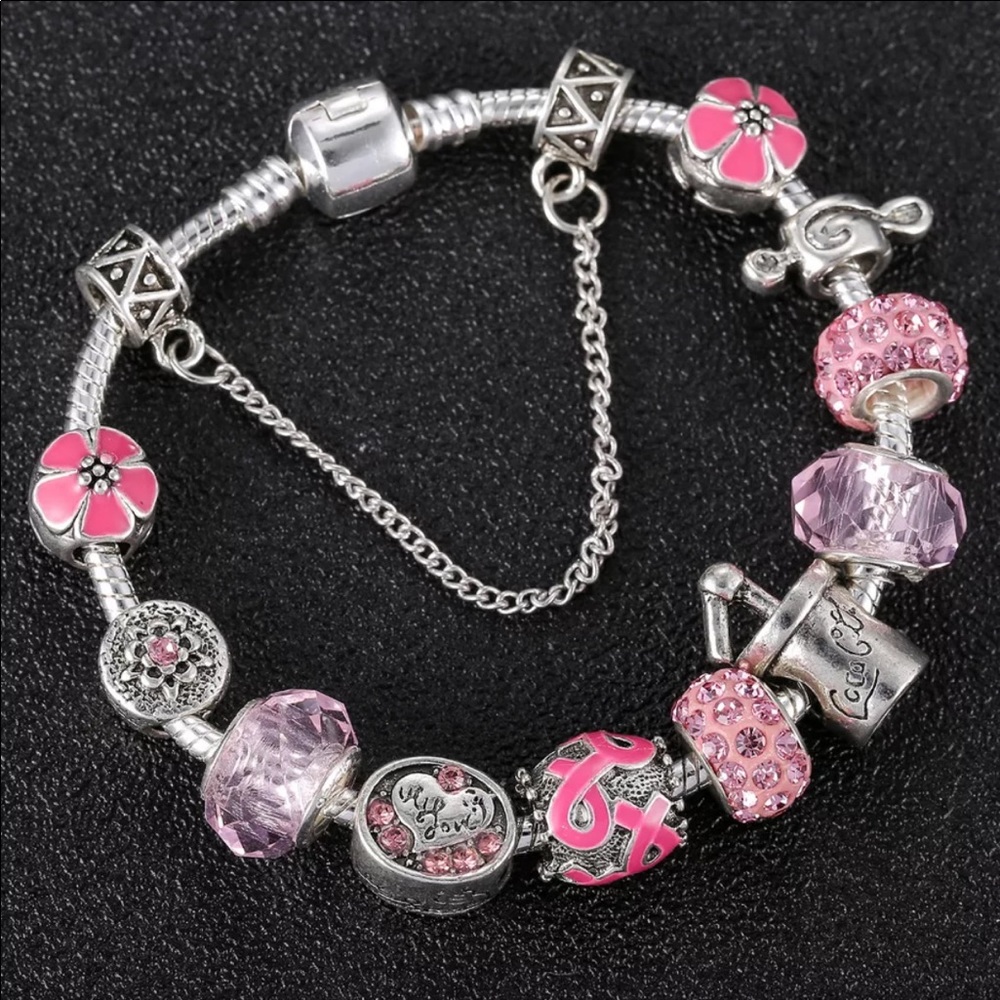 Silver-Tone Pink Charm Beaded Bracelet for Women for Cancer Awareness - Picture 3 of 3